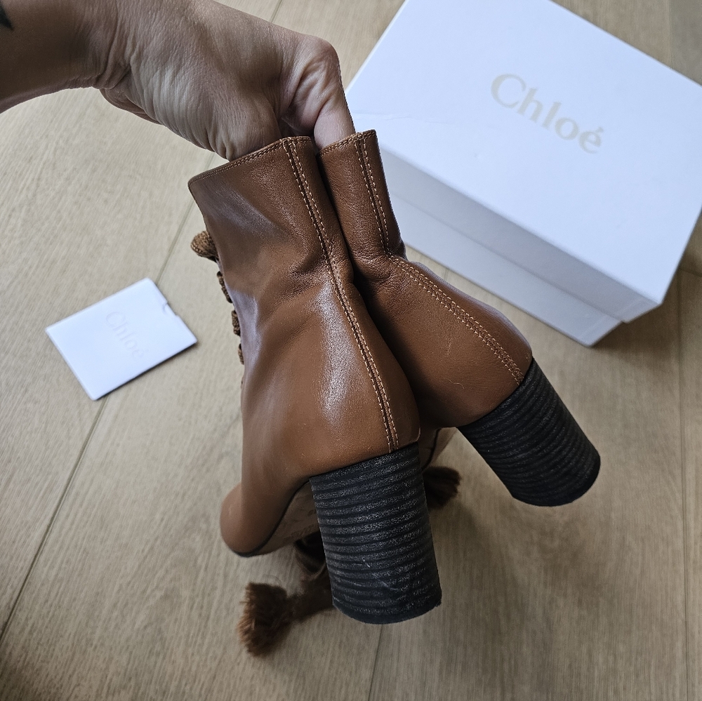 Chloe Coquette Lace Up Cognac Leather Open Toe Booties Size 36 - Picture 8 of 11